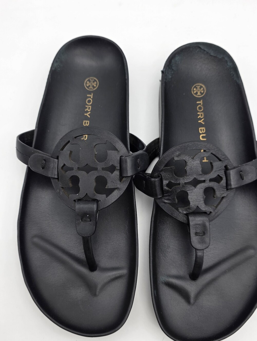 Tory Burch Black Leather Logo Thong Sandals Miller Cloud Sz 8.5 - Picture 4 of 6